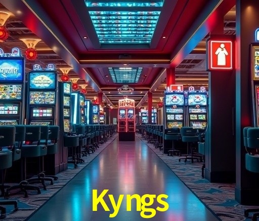 Escena dinámica inspirada en casino con iluminación Kyngs, cartas, fichas e íconos de juegos digitales en un espacio moderno de juegos.