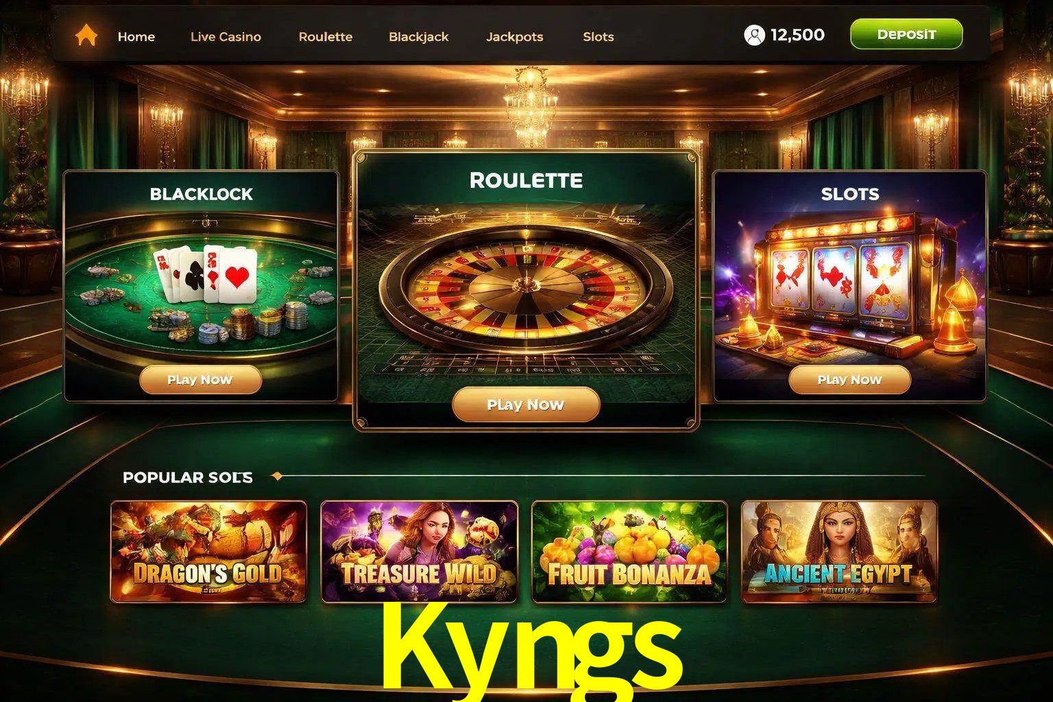 Vista de la plataforma Kyngs Casino mostrando categorías organizadas de juegos en línea