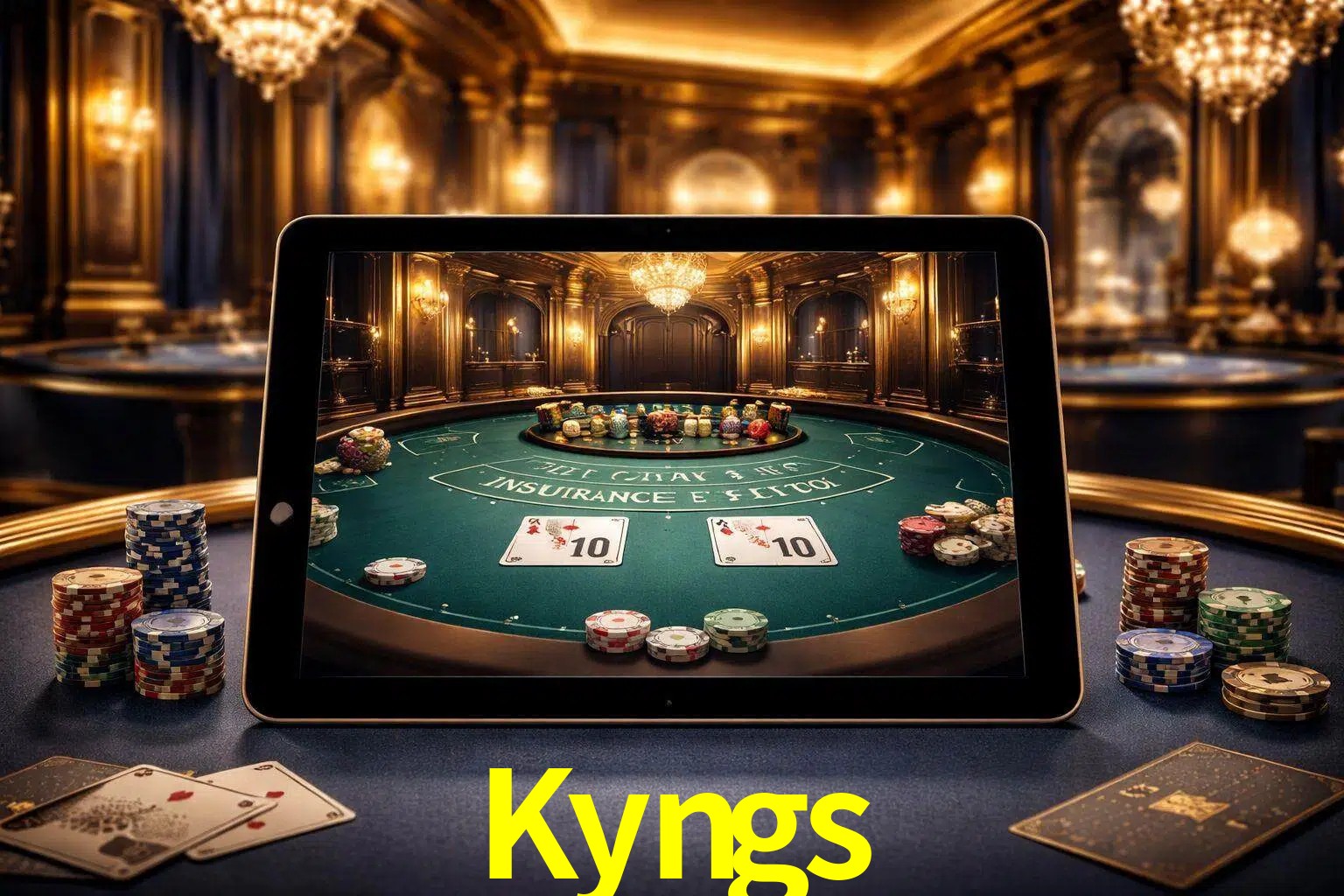 Configuración moderna de casino en vivo con una tableta mostrando una mesa de blackjack, luces cálidas de estudio y una atmósfera elegante de juegos digitales.