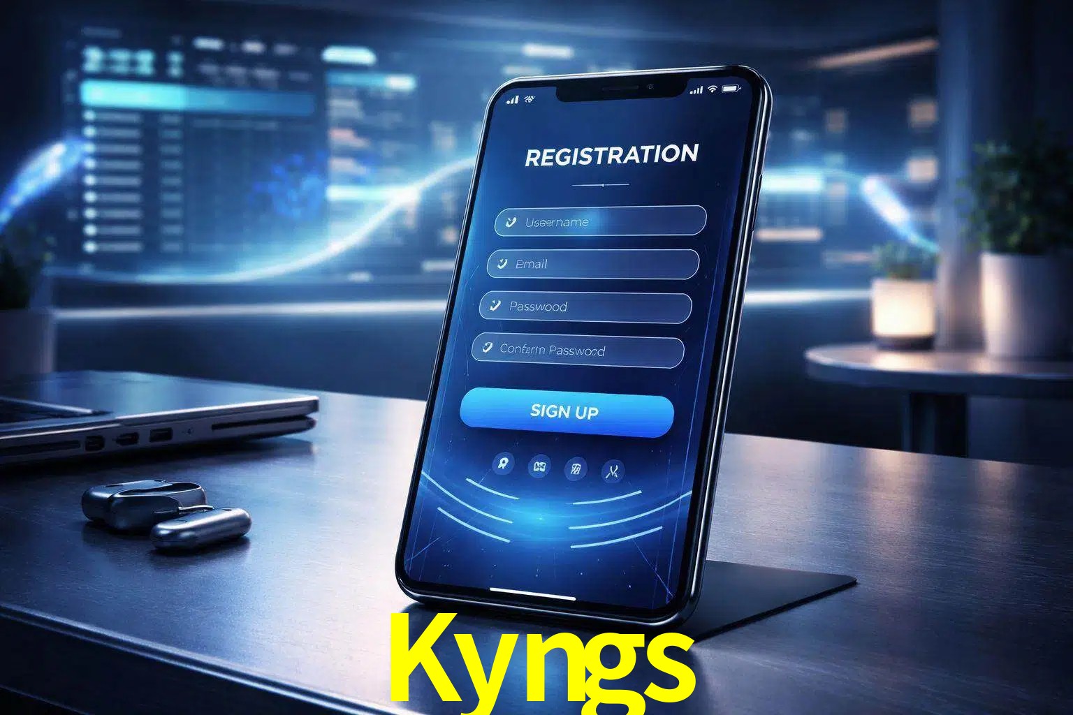Una interfaz moderna de registro móvil para Kyngs mostrada en un smartphone con un panel de apuestas elegante.